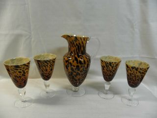 Amici Hand Blown 11 " Art Glass Pitcher 4 Water Goblets Leopard Cheetah Pattern