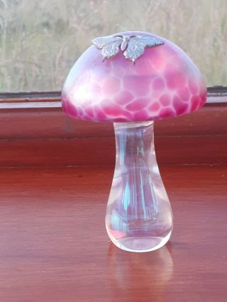 Cranberry Heron Glass Mushroom With Pewter Butterfly - Boxed - Etched
