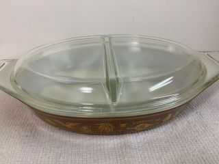 Vintage Pyrex Brown Gold American Divided 1 1/2 Qt Casserole With Lid