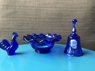 Fenton Cobalt Blue Glass Candle Holder,  Bell And Complimentary Turkey.