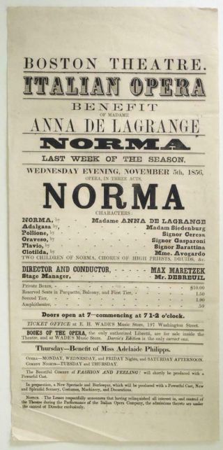 1856 Italian Opera Handbill Broadside Boston Theatre Lagrange In Norma / Bellini