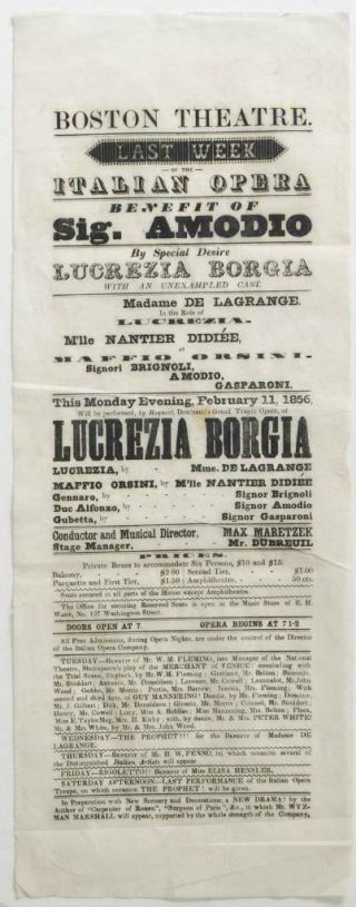 1856 Italian Opera Broadside Boston Theatre Dela Grange Donizetti Lucrezia Borge