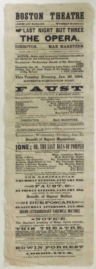 1864 Opera Handbill Broadside Boston Theatre Gounod Faust Clara Louise Kellogg