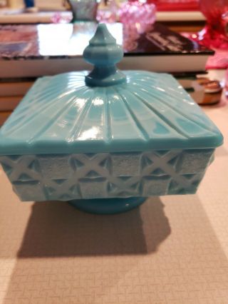 Westmoreland Old Quilt Compote Covered Blue Milk Glass Checkerboard Vintage