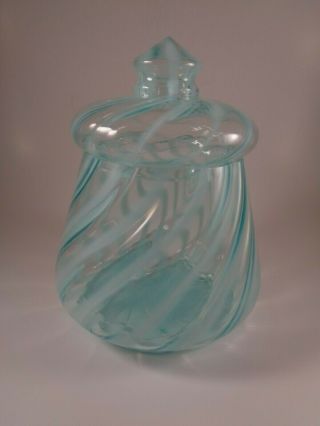 Vintage Fenton Aqua Blue Opalescent Swirl Biscuit Jar Candy Dish With Lid