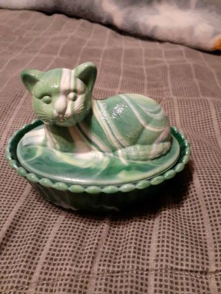 Vintage Westmoreland Green White Slag Cat Covered Candy Dish