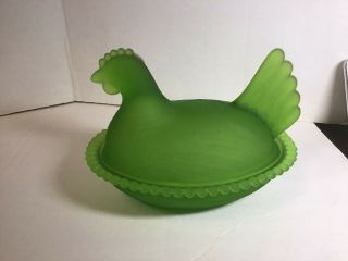 Vintage Frosted Green Glass Hen On Nest Covered Candy Dish