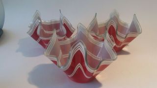 3 X Vintage Chance Glass Hankerchief Vases Red And White