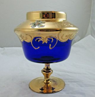Bohemian Cobalt Blue Glass Pedestal Centerpiece Bowl Vase Gold Footed Candy Dish