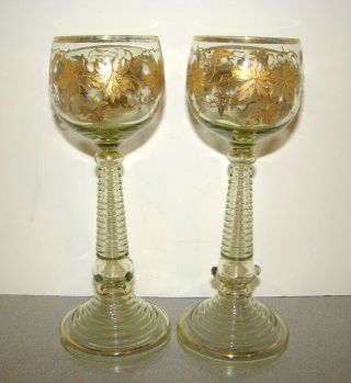 2 Vintage Moser Bohemian Glass Green Wine Hock Roemer Goblets W/ Gold Leaves