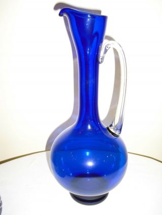 Cobalt Blue Glass Pitcher / Vase / Decanter With Clear Handle 12 1/2 " Tall