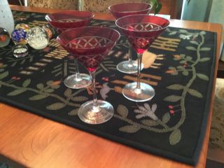 4 Cut To Clear Etched Floral Red Art Glass Martini Cocktail Goblet
