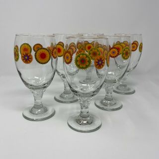 Vintage Libbey Wine Glasses Goblets Set Of 6 11 Oz Retro Flowers Pattern
