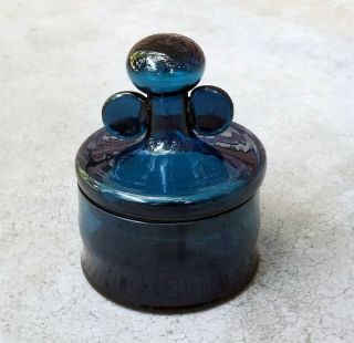 Vintage Mid - Century Modern Hand Blown Teal Blue Glass Lidded Jar Container