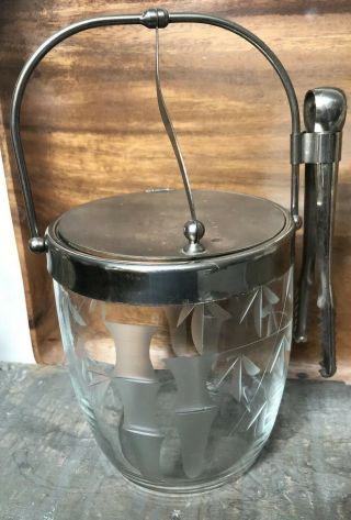 Vintage Noritake Sasaki Bamboo Etched Crystal Ice Bucket With Tongs