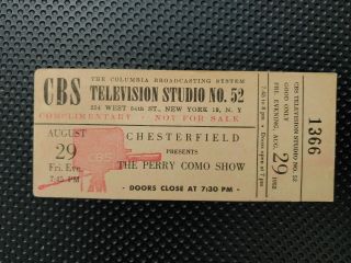 Rare - 1952 " The Perry Como Show " Cbs Tv Studio 52 - Ticket Stub - Cbs N.  Y.  C.
