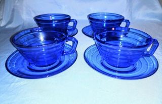 Set Of 4 Vintage Hazel Atlas Cobalt Blue Moderntone Cups And Saucers