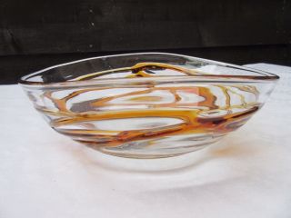 Clear With Amber / Toffee Swirl Textured Art Glass Bowl 217mm Wide Irregular