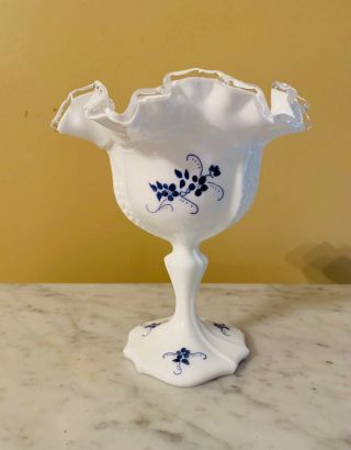 Fenton Hand Painted Compote Satin White With Blue Flowers Signed Diane Frederick