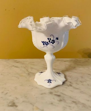 Fenton Hand Painted Compote Satin White With Blue Flowers Signed Diane Frederick 2