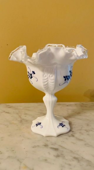 Fenton Hand Painted Compote Satin White With Blue Flowers Signed Diane Frederick 3