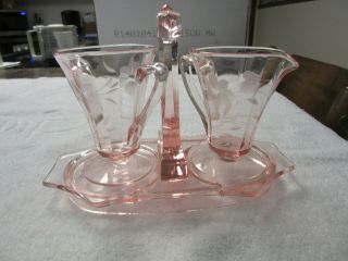 Sugar And Creamer Depression Glass Pink Etched 4 Inches High