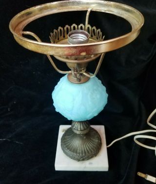 Vintage Fenton Blue Satin Poppy Student Table Lamp Marble Base