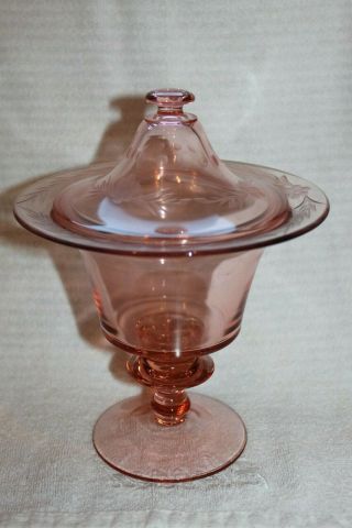 Vintage Pink Depression Glass Footed Candy Dish Bowl With Lid Floral