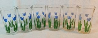 Vintage Set Of 6 Hazel Atlas Drinking Glass - Blue Tulips