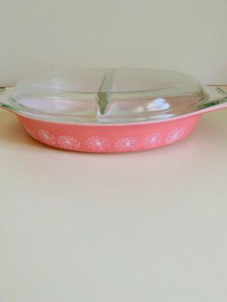 Vintage Pyrex Pink Daisy Divided 2 Part Casserole Dish 1.  5 Quart with Lid 1956 3