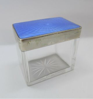 Art Deco Blue Guilloche Enamel Chrome Glass Vanity Table Jar / Box 1930 