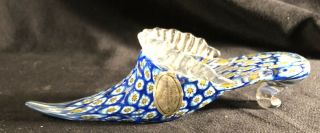 Vintage Blue W/ Daisies Millefiori Murano Glass Slipper Shoe W/ Clear Ruffles
