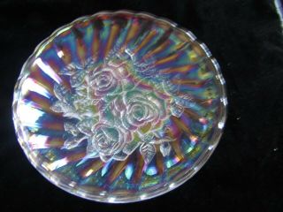 Vintage Iridescent Carnival Glass Bowl With Rose Pattern