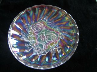 Vintage Iridescent Carnival Glass Bowl With Rose Pattern 2