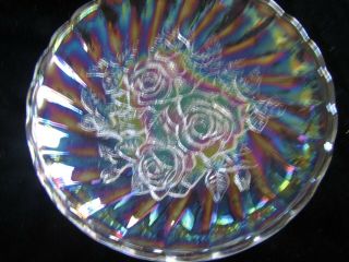 Vintage Iridescent Carnival Glass Bowl With Rose Pattern 3