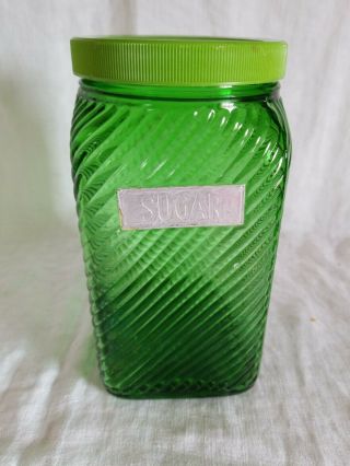 Vintage Green Ribbed Depression Glass Sugar Jar Container;7.  25 " T X 3.  5 " Squ.