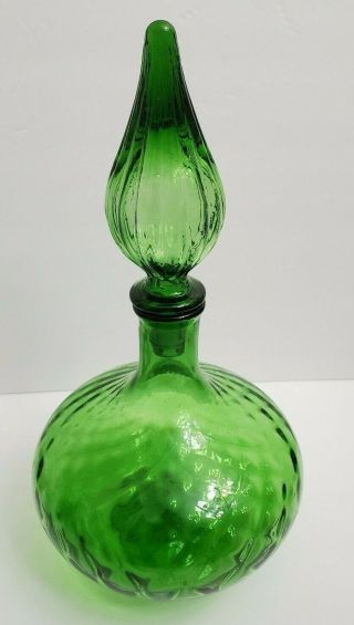 Vtg Genie Bottle Green Optic Art Glass Decanter 13 " T Diamond Pattern