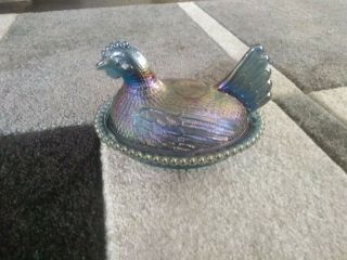 Indiana Style Blue Carnival Glass Hen On Nest