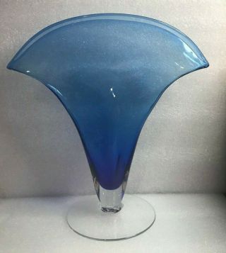 Vintage Blenko Art Glass Fan Vase Cobalt Blue 11 " Label