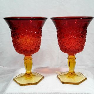 2 Vintage Amberina Stem Wine Glass Goblet Flared Lip Red To Yellow Floral