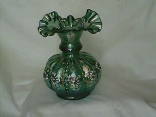 Fenton Blue/green Iridescent Ruffled Vase 95th Anniversary - Hand Painted,  Signed