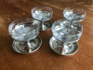 Vintage Sterling Silver,  Etched Glass Ice Cream / Sundae Dish - Set Of 4