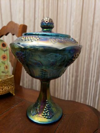 Vintage Indiana Blue Carnival Glass Compote Bowl Harvest Grape With Lid Pedestal