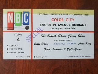 1958 The Dinah Shore Chevy Show Ticket Nbc Hollywood Bette Davis Alan King