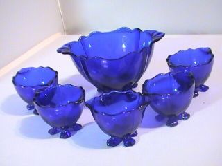 Vintage Dark Cobalt Blue Footed Bowls Set Of 6 Glass Condiment Caviar