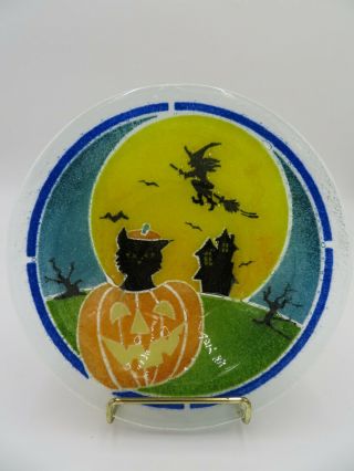Peggy Karr Glass - 9 " Boo Bowl (halloween Scene In Pumpkin Patch W/ghost) Bo09b