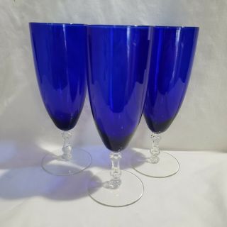 Vintage Cobalt Blue Tall Iced Tea Glasses Goblet Fancy Faceted Stem Set Of 3