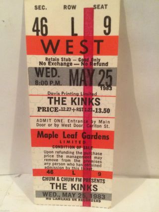 The Kinks Concert Ticket Stub 5 - 15 - 1983 Toronto Maple Leaf Gardens - Rare