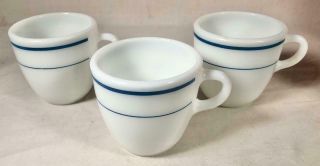 3 Vtg Pyrex / Corning 723 Blue Stripe Restaurant Ware Coffee Cups / Mugs