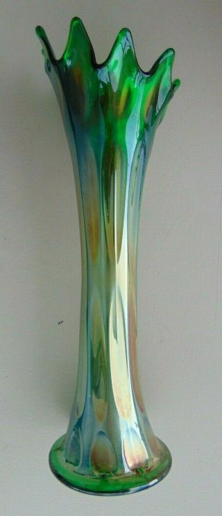 Carnival Glass Green Iridescent Fluted Top Centerpiece 12 " Flower Vase